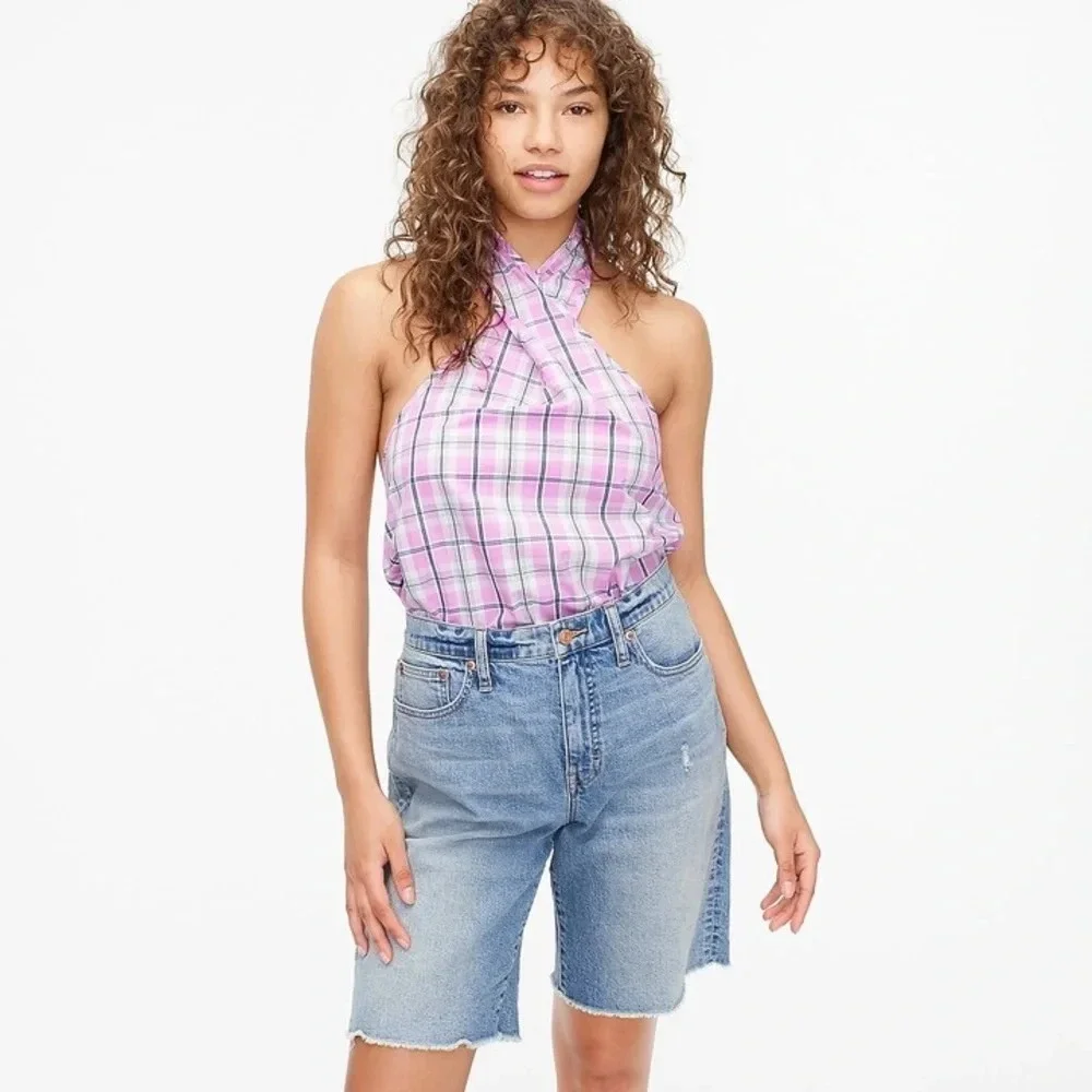 ✨NWT J. Crew Pink Violet Pastel Plaid Tie Neck Halter Top Size Small
